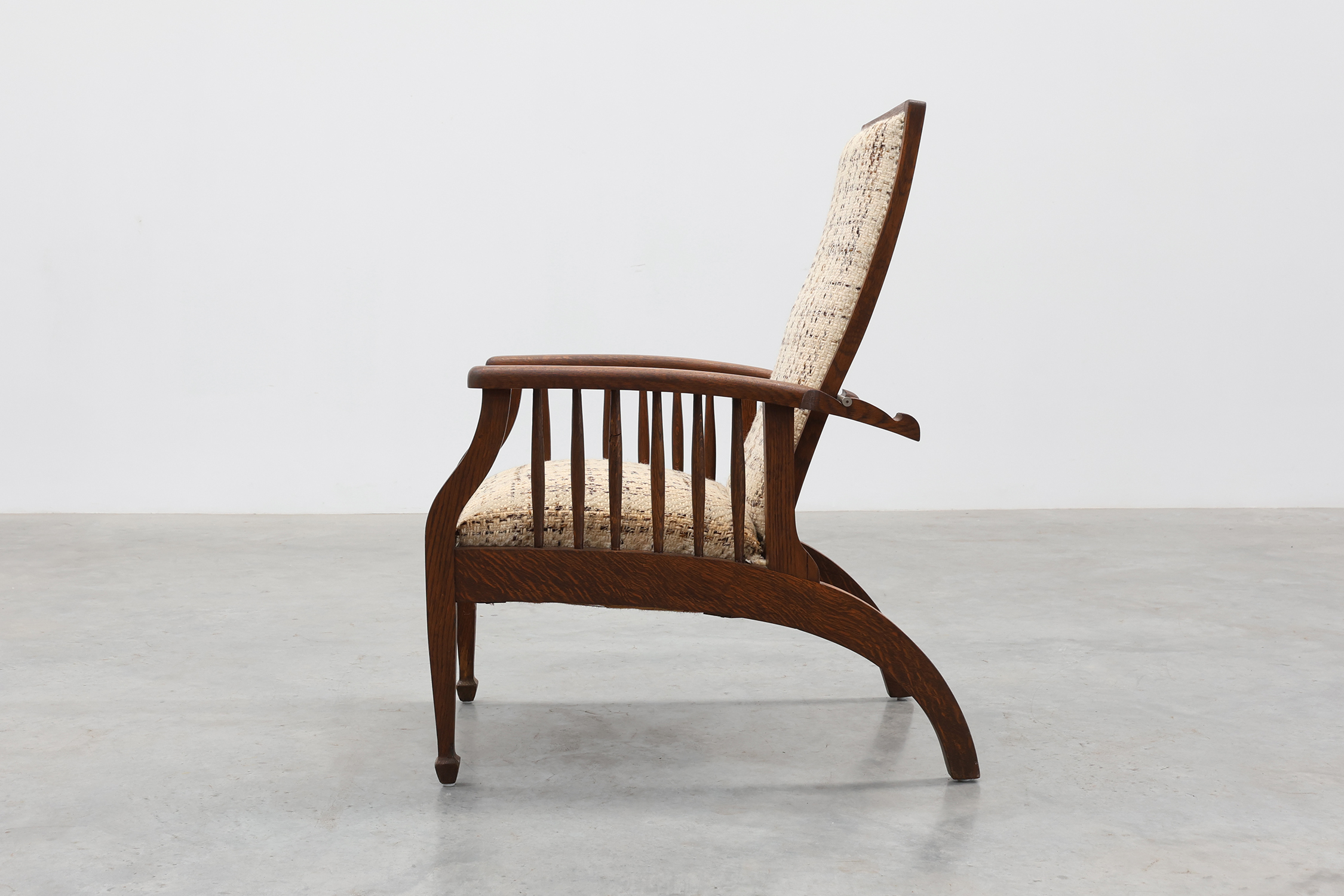 Arts & Craft oak armchair with spindle sides and tweed upholstery, Belgium, 1920sthumbnail